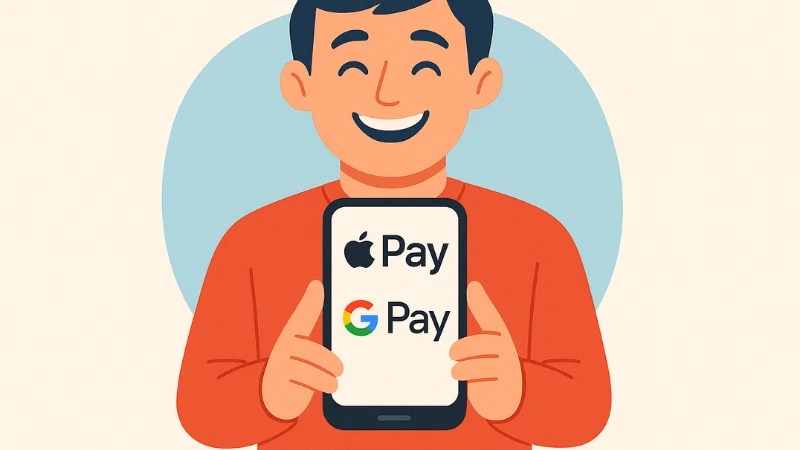 Person holding a phone with Apple Pay and Google Pay logos, showing a mobile wallet fix for a declined card payment