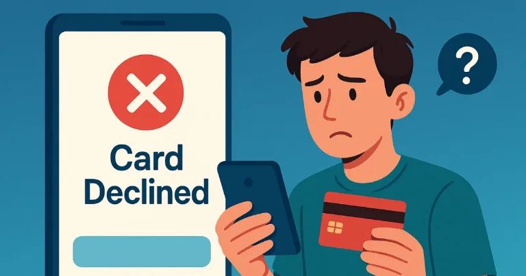 Frustrated person looking at a phone that says Card Declined while holding a credit card, showing a Stripe payment failure moment