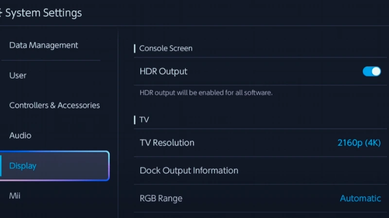 Switch 2 Display settings with HDR enabled, 2160p 4K, RGB Range Automatic