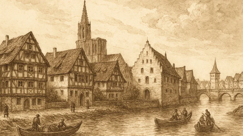 Riverfront illustration of Strasbourg during The Dancing Plague of 1518.