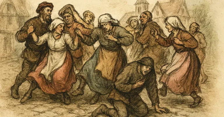 Distressed dancers in The Dancing Plague of 1518.