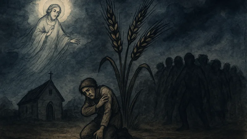 Saint, poisoned grain and fearful crowd symbolising theories of The Dancing Plague of 1518.