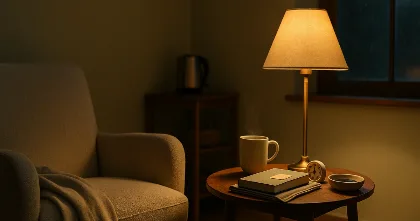 Cozy reading nook: armchair, warm lamp, book and steaming mug by rainy window.