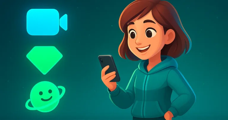 Animated girl smiling at her phone with ChatAlternative, Emerald Chat, and Azar icons.