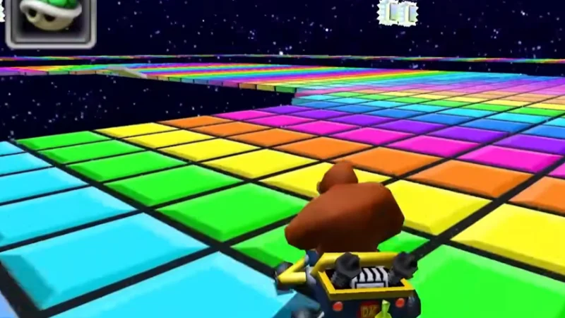 Donkey Kong racing on Rainbow Road in Mario Kart 7.