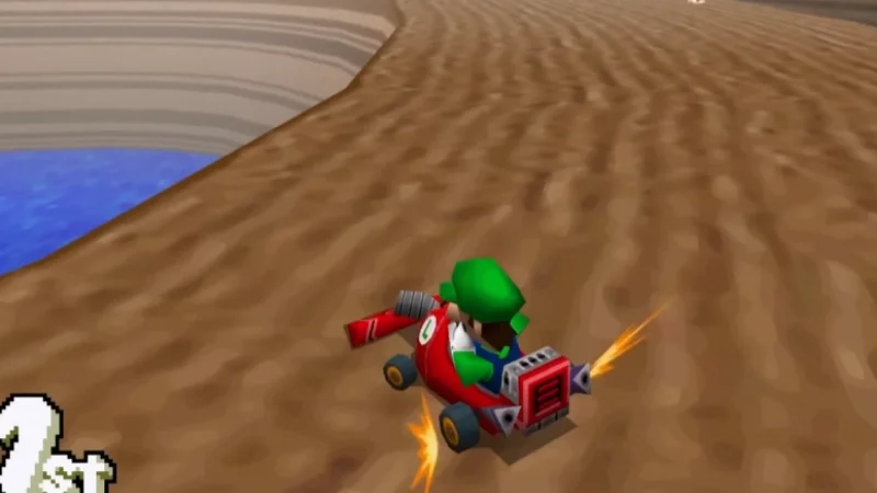 Luigi drifting a canyon turn in Mario Kart DS.