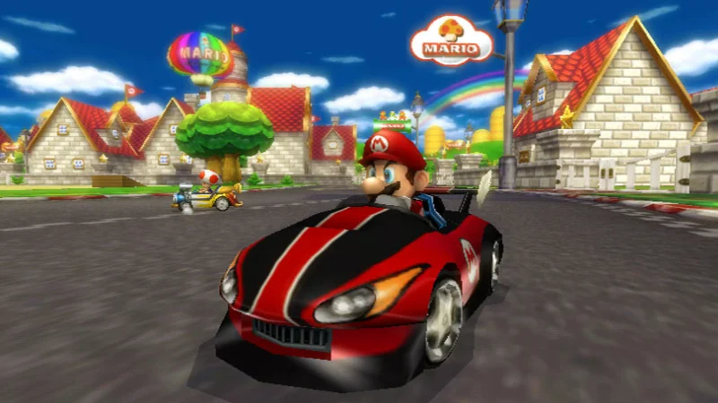 Mario driving through Mario Circuit in Mario Kart Wii.