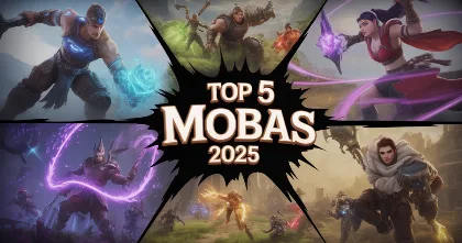 collage of popular moba style heroes around the text top 5 mobas 2025