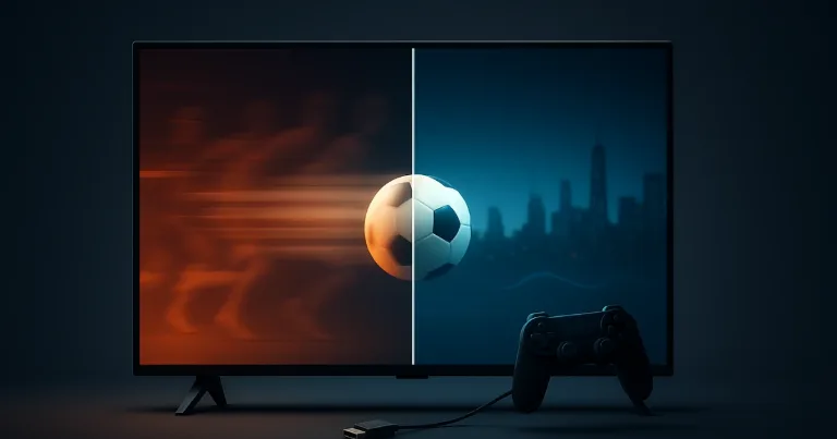 Split-screen TV with soccer ball and game controller