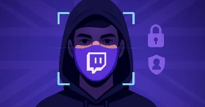 Masked viewer in a Twitch face scan frame over a UK backdrop, signaling age checks on mature streams.