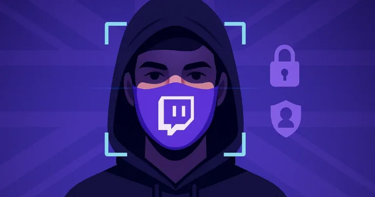 Masked viewer in a Twitch face scan frame over a UK backdrop, signaling age checks on mature streams.