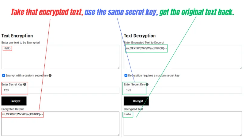 Hello encrypted with key 123 and decrypted back to Hello