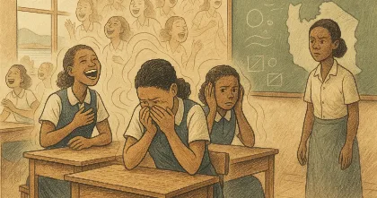 Illustration of schoolgirls in a Tanganyika classroom, some laughing uncontrollably while others look distressed during the 1962 laughter epidemic