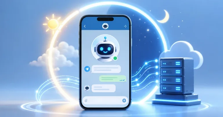 Illustration of a Telegram bot running 24/7 on a cloud server with a mobile chat interface and server connection.