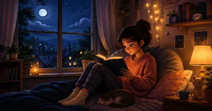 Cartoon girl reading a book at night beside a bedroom window