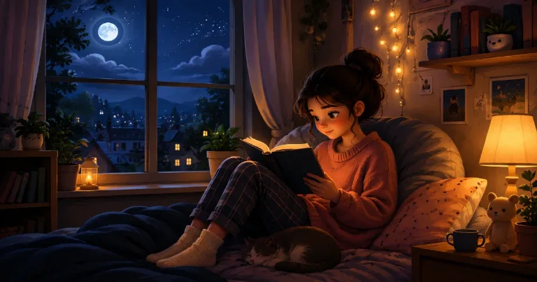 Cartoon girl reading a book at night beside a bedroom window