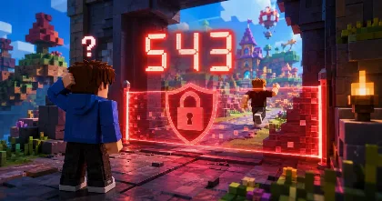 A blocky avatar faces a glowing locked gate marked 543, representing Roblox game access blocked by Kids and Select account rules.