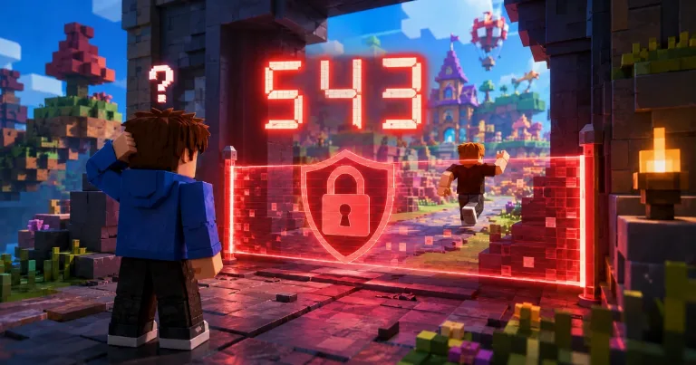 A blocky avatar faces a glowing locked gate marked 543, representing Roblox game access blocked by Kids and Select account rules.
