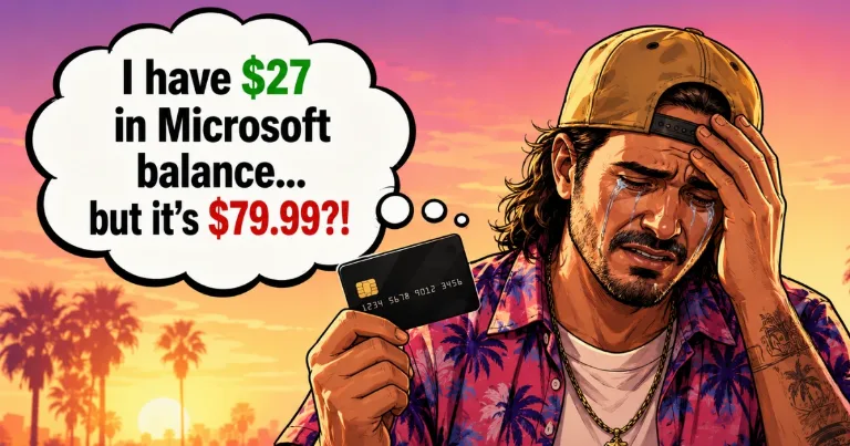 Frustrated gamer holding a credit card over GTA 6 Xbox preorder balance.