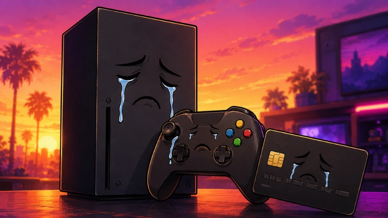 Crying Xbox console, controller, and credit card showing preorder payment trouble.