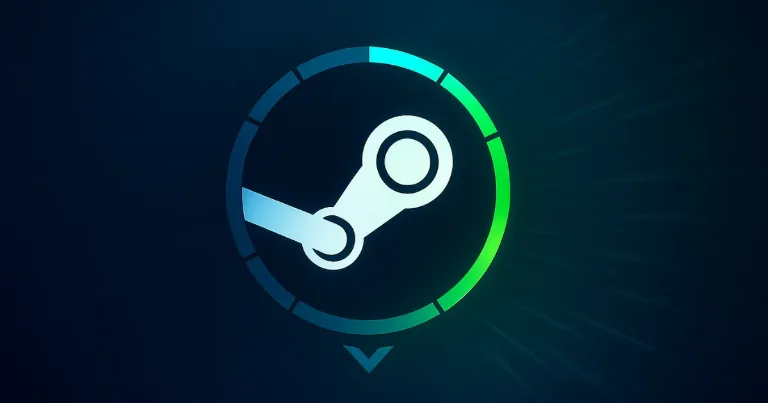 Steam logo inside a progress ring with speed lines, illustrating slow Steam downloads and how to speed them up.